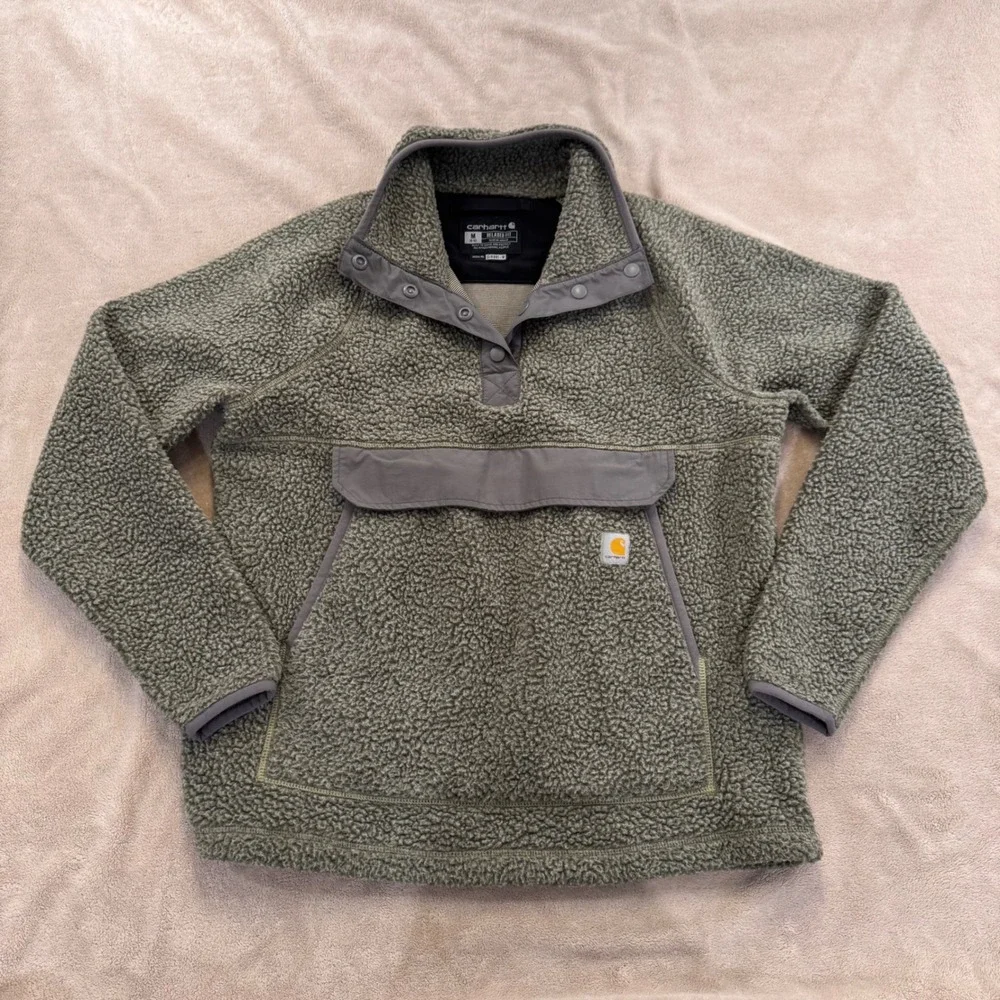 Carhartt OJ4991-W Sherpa Fleece Snap Pullover Sage Green Relaxed Fit Hiking Sz M